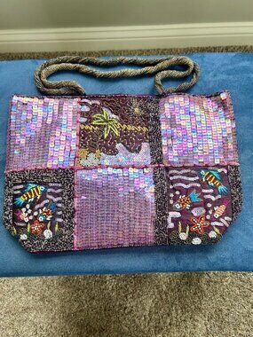 Beaded Tropical Theme Tote Bag w/Rope Handles